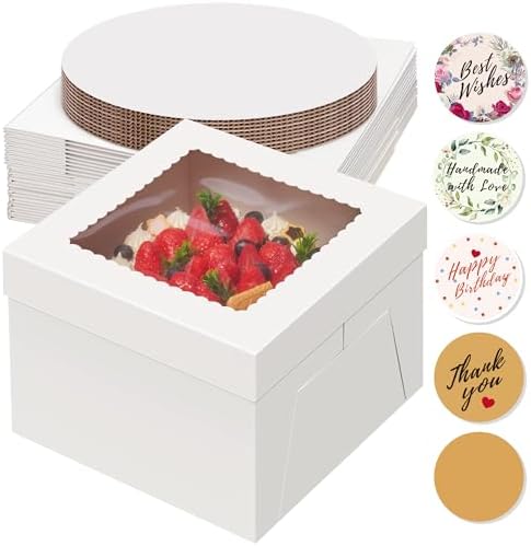 Kootek Cake Boxes and Boards Set (10 boxes & 10 boards) - 10x10x8 Inches White Bakery Boxes with Window for Multi-Layer Cakes and Cake Decorating