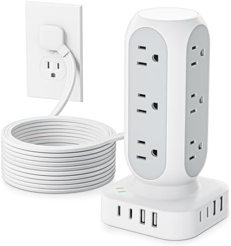 Tower Surge Protector Power Strip, 10FT Extension Cord with Multiple Outlets, Flat Plug Outlet Extender with 12 AC Outlets & 8 USB Ports, 24W Total Charging Station for Home Office Dorm Room