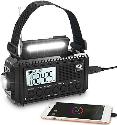 Auto NOAA Digital 5000 Weather Radio with Backlit LCD Screen, 5 Way Powered Solar Hand Crank Portable AM/FM/Shortwave Emergency Radio/Phone Charger,Read Lamp/Camping Flashlight,Earbud Jack,Clock,SOS
