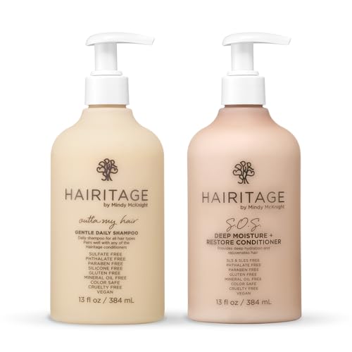 Hairitage Outta My Hair Gentle Daily Shampoo - Cleanses and Hydrates with Jojoba Oil - SOS Deep Moisture and Restore Conditioner for Thick Hair with Safflower Oil - 13 oz
