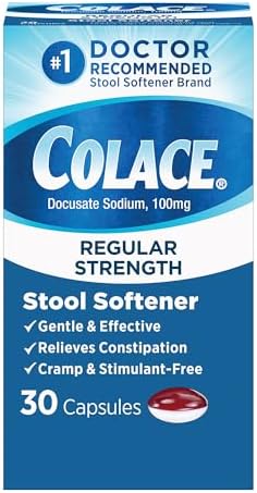 Colace Regular Strength Stool Softener for Gentle Effective Constipation Relief, No.1 Doctor Recommended Stool Softener Brand, 100 mg Docusate Capsules, 30 Count
