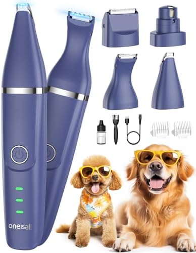 oneisall Dog Grooming Kit with 4 in 1 Tools,Dog Paw Trimmer with 2 Speed Settings, Cordless Dog Clippers with Guards, Quiet Dog Nail Grinder for Dogs (Blue)