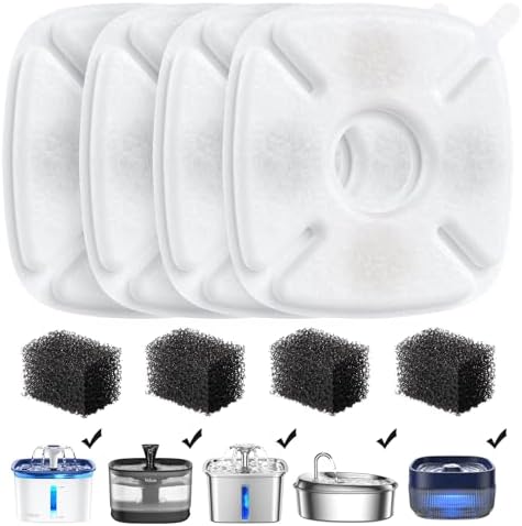 Veken Cat Water Fountain Filter, Classic 4 Pack Replacement Filters & 4 Pack Replacement Pre-Filter Sponges for 67oz, 95oz, 135oz Automatic Pet Fountain Dog Water Dispenser