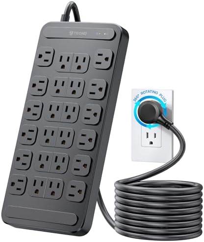 TROND Surge Protector Power Strip 360° Rotating Flat Plug, 24 AC Outlets, 4000 Joules, 6ft Heavy Duty Extension Cord 1875W, ETL Listed, Ideal for Gaming Office Home Dorm Room Essentials Black