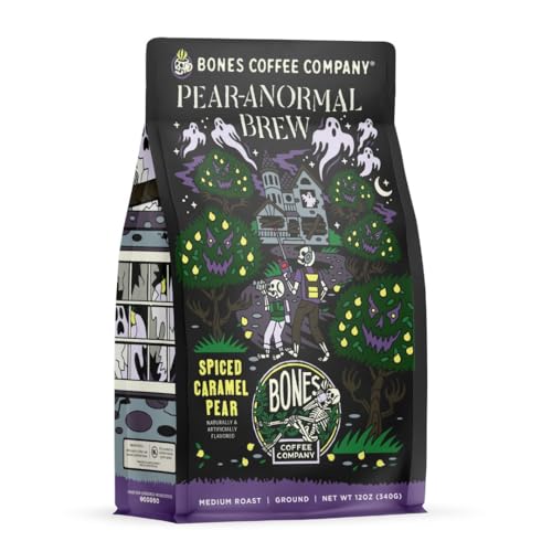Bones Coffee Company Pear-A-Normal Brew Flavored Coffee Beans, Medium Roast Ground Coffee Low Acid, Caramel & Spiced Pear Flavor (12 oz)