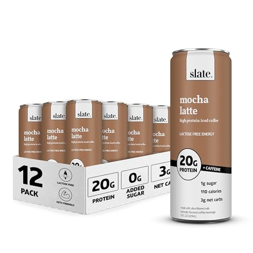 Slate Milk - High Protein Iced Coffee - Mocha Latte - 175mg Caffeine, Lactose Free Energy - 20g Protein, 1g Sugar, 110 Calories, 3g Net Carbs, No Sugar Added - Protein Coffee - 11 fl oz, 12 Cans