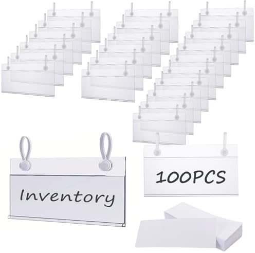 Acrux7 100 PCS Plastic Wire Shelf Label Holders 4" x 2.2" Basket Label Clips with Double Snap Lock Closure, Clear Wire Rack Label Holder Price Tag Holder for Market, Retail Shop, Pantry