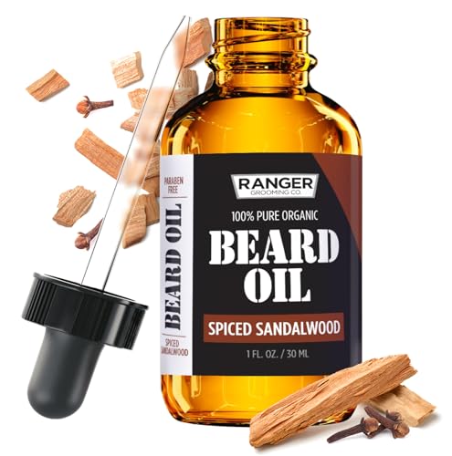 Spiced Sandalwood Beard Oil & Leave In Conditioner by Ranger Grooming Co by Leven Rose, 100% Pure Natural Organic for Groomed Beards, Mustaches, and Moisturized Skin 1 oz