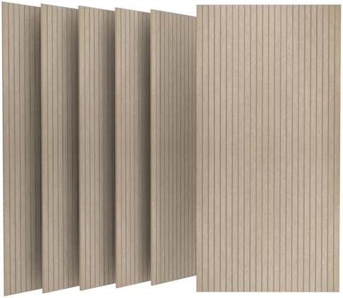 UMIACOUSTICS 6 Packs Acoustic Panel,48 x 24 x 0.4 Inches Sound Absorbing Flame Retardant Panel,Decorative Noise Canceling Wall Panels Equidistant Slot for Room,Home Theater,Studio (Light Tan)