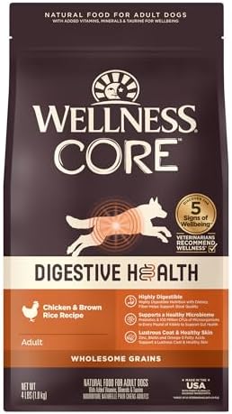 Wellness CORE Digestive Health Dry Dog Food with Wholesome Grains, Highly Digestible, for Dogs with Sensitive Stomachs, Made in USA with Real Chicken (Adult, 4-Pound Bag)