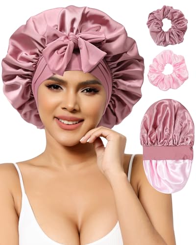 Satin Bonnet Silk Bonnet for Sleeping Women Hair Bonnet for Curly Hair Sleep Cap Reversible Double Layer Bonnet with Tie Band (Bean Paste Pink Bonnet + Satin Scrunchies)