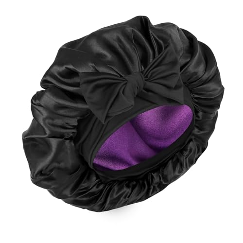 Silk Bonnet for Sleeping Women Double Layer Satin Bonnet Hair Bonnet with Elastic Tie Band Adjustable Bonnet for Curly Hair（Black and Purple）