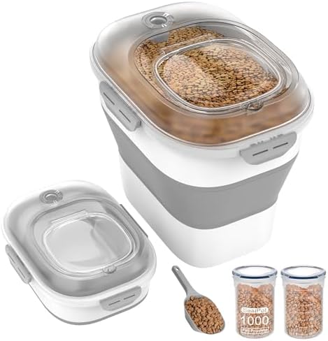 32-35 Lbs Dog Food Storage Container,Collapsible Dog Food Container with Clear Airtight Lid,Wheels,Date Track,Pet Food Storage Container for Rice,Flour,Sugar,Dog Food Scoop and 2PCS Containers