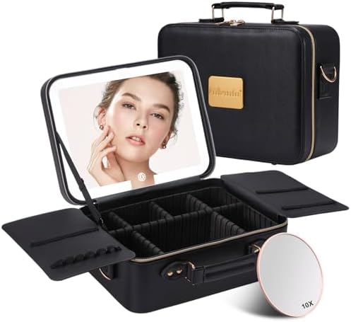 Mocado Travel Makeup Bag with LED Lighted Mirror,Makeup Case with 3 Color Lighted Setting and 10x Magnifying Mirror, Portable Storage and Adjustable Dividers (Black with Hard Leather)