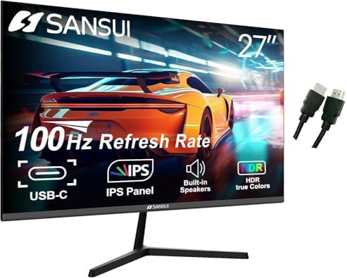 SANSUI Computer Monitors 27 inch 100Hz IPS USB Type-C FHD 1080P HDR10 Built-in Speakers HDMI DP Game RTS/FPS tilt Adjustable for Working and Gaming (ES-27X3 Type-C Cable & HDMI Cable Included)