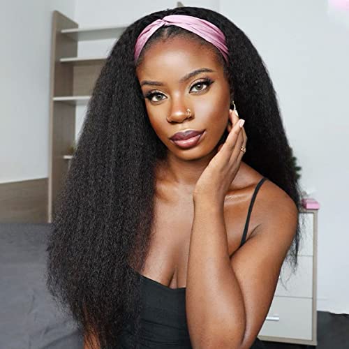 Kinky Straight Headband Wig, Soft & Natural as Human Hair, Glueless Headband Wigs for Black Women, Long Black Italian Yaki Synthetic Half Wig (1B Natural Black, 24 Inch)