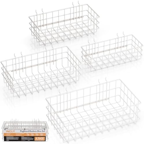 INCLY 4 Pack Pegboard Baskets Bins Set, 4 Size Square Style Metal White Wire Basket for Any Peg Board Organizing Tools, Pegboard Accessories for Workbench Garage Wall Storage Attachments