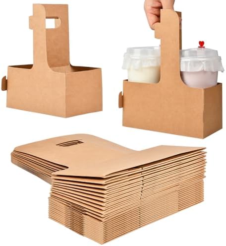 2 Cup Disposable Drink Carrier with Handle, Supkiir Kraft Paperboard Cup Holder for Hot or Cold Drinks, to Go Coffee Cup Holder for Food Delivery Service (20, Kraft)