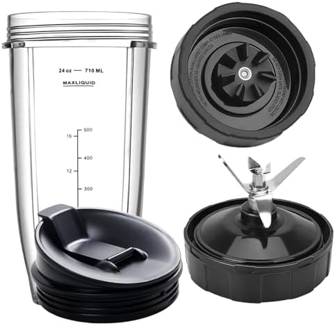 Blender Replacement Parts for Ninja, 24oz Ninja Blender Cup with To-Go Lid, 7 Fins Ninja Blender Blade Fit Ninja BL480_30 BL642 BN401 BN751 BN801 BL640-30 NN100-30 CT680 NN100A NN101 NN102 BL2012