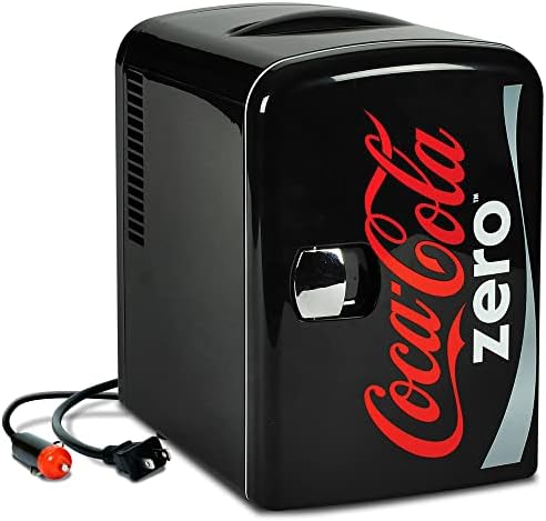 Coca-Cola Zero CZ04 4 Liter/4.2 Quarts 6 Can Portable Cooler/Mini Fridge, Beverages, Baby Food, Skincare and Medications-Use at Home, Office, Dorm, Car, RV or Boat-AC & DC Plugs Included, Black/Red