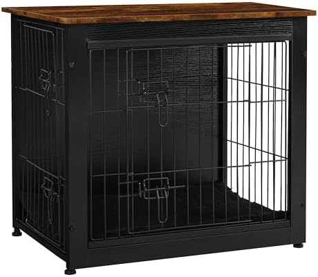 DWANTON Dog Crate Furniture with Cushion, Wooden Dog Crate with Double Doors, Dog Furniture, Dog Kennel Indoor for Small Dog，End Table, 27.2" L, Black+Rustic Brown