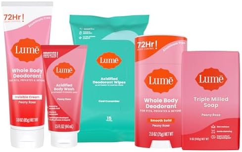 Lume Skin Care Gift Set for Women, Whole Body Deodorant Starter Pack - Smooth Solid Stick, Invisible Cream Tube, Acidified Body Wash Mini & Deodorant Wipes - Aluminum Free Odor Control (Peony Rose)