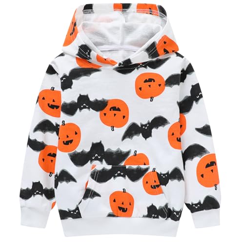 HILEELANG Kids Boy Halloween Pumpkin Sweatshirts Cotton White Bat Kangaroo Pocket Pullover Hoodies 7 Years