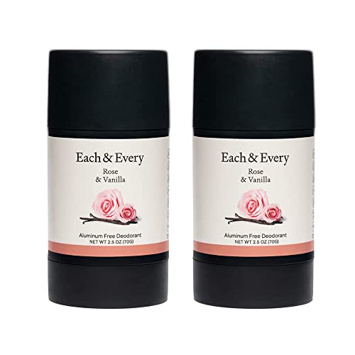 Each & Every All Natural Deodorant for Men & Women - Aluminum-Free, Sensitive Skin, Plant-Based, Baking Soda-Free, Long Lasting 24 Hr Odor Control - Rose & Vanilla Travel Size (2 Pack, 2.5oz)