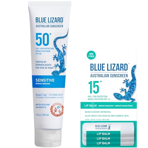 Bundle of BLUE LIZARD Sensitive Mineral Sunscreen with Zinc Oxide Sensitive, SPF 50 5 Fl Oz + 3-Pack Blue Lizard Mineral SPF 15 Lip Balm:Natural Coconut Flavor, Each Tube 0.13 oz.