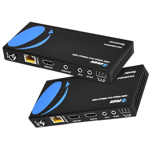 OREI 4K HDMI over Ethernet Extender Balun - HDBaseT UltraHD 4K @ 60Hz 4:4:4 CAT5e/6/7 Cable with HDR, CEC & IR Control, RS-232 Up to 400 Ft Loop Out POC Audio Out (UHD-EXB400R-K)