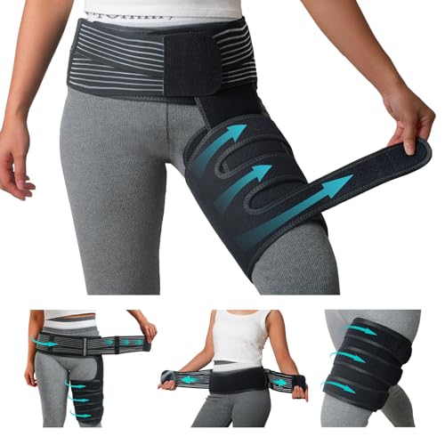 JUMPOW Hip Brace for Sciatica Pain Relief - Adjustable Compression Wrap Support, Hamstring Compression Sleeve for Arthritis, Groin Injury, Pulled Thigh, Hip Pain Relief (L Size, Left/Right Leg)