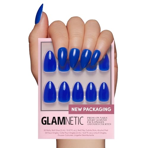 Glamnetic Press On Nails - Cobalt Blue | Opaque Bright Vibrant Blue Short Almond Fake Nails, Reusable | 15 Sizes - 30 Nail Kit