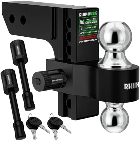 Rhino USA Adjustable Trailer Hitch (Fits 2-Inch Receiver) - Heavy Duty Aluminum Tow Hitches with 6-Inch Drop/Rise for Truck (12,500 LBS GTW) - Weatherproof Double Anti-Theft Locking Hitch Pins (Black)