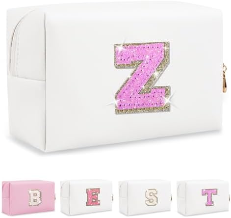 Personalized Initial Letter Preppy Makeup Bag, Small Cute White Makeup Bag Cosmetic Zipper Pouch, Waterproof PU Leather Travel Toiletry Monogrammed Glitter Letter Valentines Day Gift for Women Girls,Z