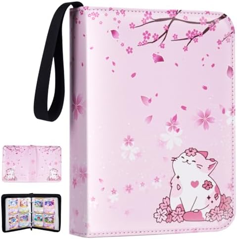 Card Binder for Girls Gifts,440 Cards Collectible Trading Card Holder Case with 55 Sleeves, 4 Pocket for TCG Game Cards Collection Sports Trading Cards Collector Album (Sakura cat)