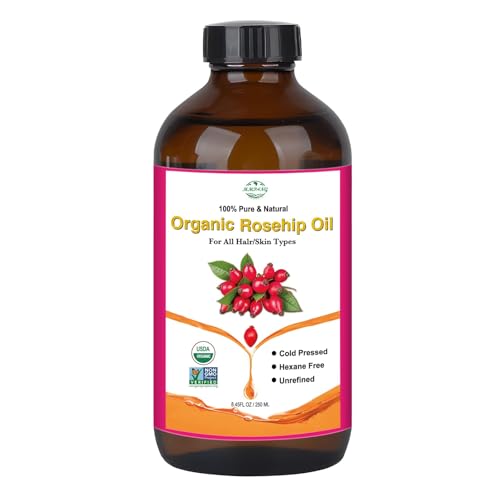 Rosehip Seed Oil for Face, 100% Pure Natural Organic Rosehip Oil Cold Pressed Unrefined Facial Oil for Anti-Aging, Acne Scar, Moisturizing Skin Hair Care (No Dropper, 8.45oz/250ml)