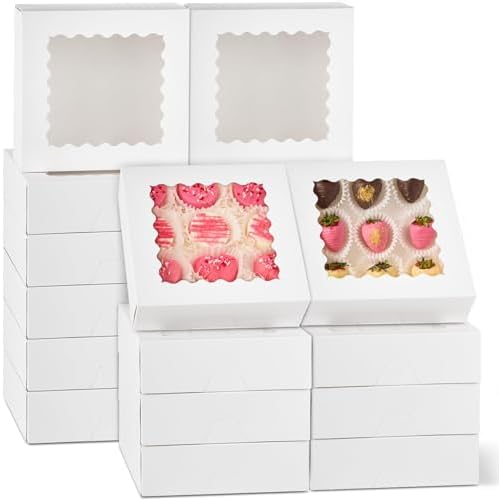 8" x 8" x 2.5" Auto Pop-up Pie Boxes with Window, 50 Pack White Cookie Boxes Chocolate Covered Strawberries Boxes Bakery Boxes for Donuts, Muffins, Cheesecakes, Treats