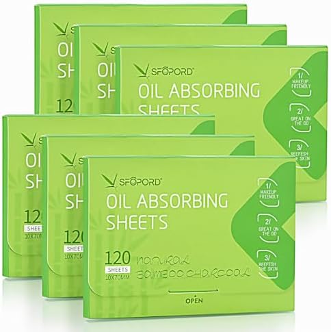 Oil Absorbing Sheets with Bamboo Charcoal - 6 Pack (720 sheets) Oil Blotting Sheets For Face, 20% More Makeup Friendly High-performance Handy Face Blotting Paper for Oily Skin