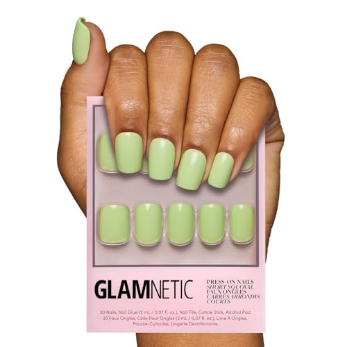 Glamnetic Press On Nails - Light Sage | Short Squoval Green, Glossy Sage Green Fake Nails, Reusable Spring Nails | 15 Sizes - 30 Nail Kit with Glue