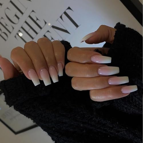 Gradient Pink Press on Nails Long Square,KXAMELIE Ombre Medium Coffin Fake Nails Press on,French Glue on Nails,Opaque Acrylic Nails Set for Women Girls in 24 PCS