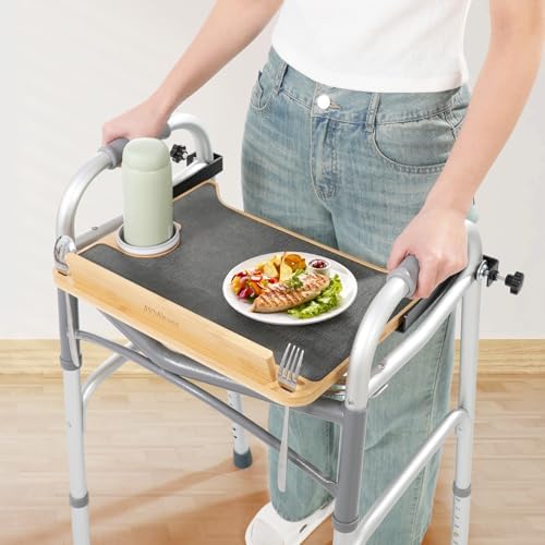 Detachable Tray for Walkers for Seniors with Cup Holder - [Freely Adjustable in All Directions] - Bamboo Mobility Table Fits Most Standard Folding Walkers, Removable & Easy Assembly