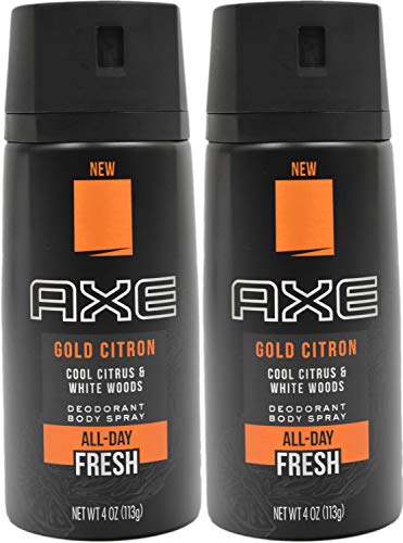 Set of 2 Axe Gold Citron Body Sprays - Cool Citrus and White Woods Scent - All-Day Fresh - 4oz Cans