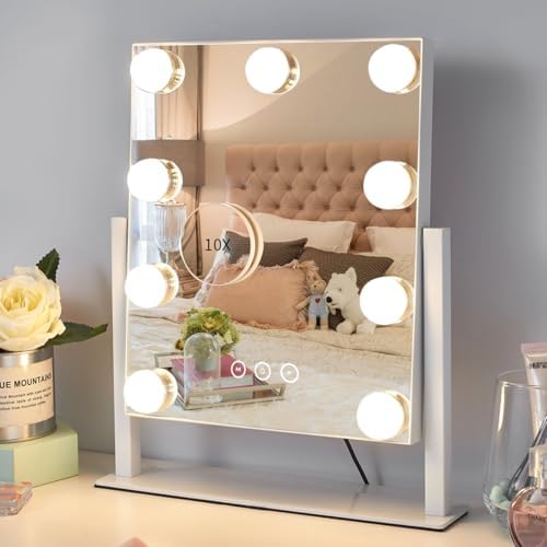 Vanity Mirror with Lights,Lighted Vanity Mirror with 9 Dimmable Bulbs for Dressing Room & Bedroom,3 Color Lighting,Modes Detachable 10x Magnification 360°Ratation(White) 12" L x 14.4" W