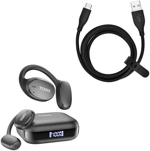 TOZO OpenEgo True Wireless Open Ear Headphone,5.3 Bluetooth Sport Earbuds Black + USB-C to USB-A Charging Cable Black