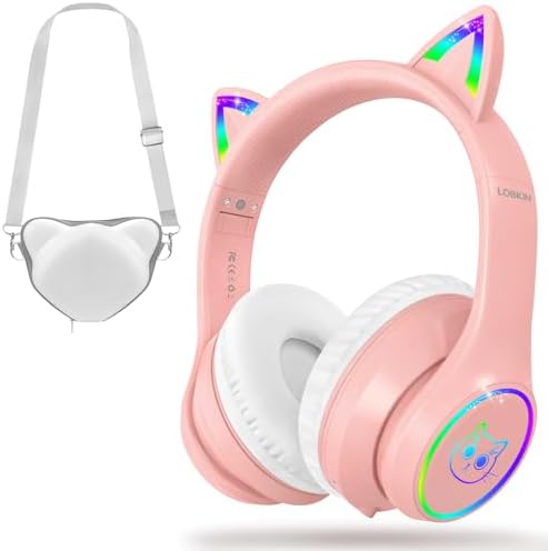 LOBKIN Bluetooth 5.3 Kids Headphones with Case - RGB LED Light Up Cat Ears Foldable Adjustable Over Ear Headphone Support Wireless or 3.5mm Wired Mode for Toddler & Girls & Boys Teens