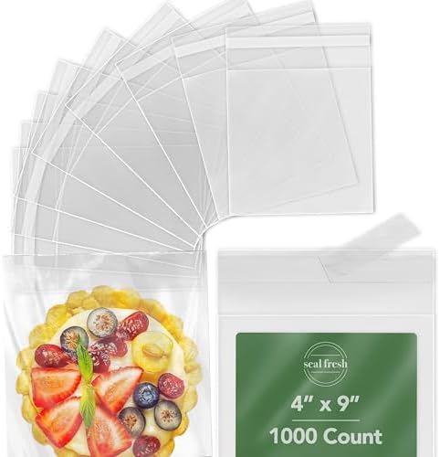 Self Sealing Cellophane Bags - 4" x 9" (1000 Count) - Clear Plastic Resealable Cello Bag - Cellophane Treat Bags, Cookie Bags for Packaging, Candy bags, Cello Bags, Pastry Bags