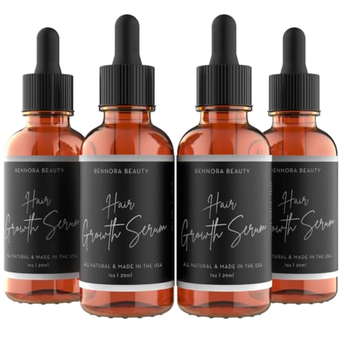 Rennora Hair Growth Serum with Organic Herbs and Natural Vitamins, Peppermint Oil, Stinging Nettle, and Rosemary Oil, No Chemicals, Formulated for Hair Regrowth (1oz per bottle, 4 Pack)