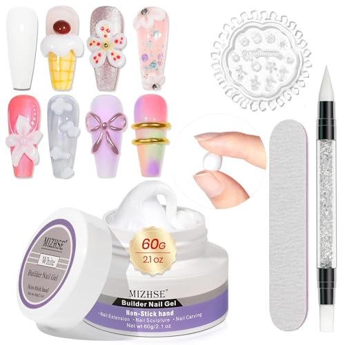 MIZHSE Solid Builder Gel for Nails, 60g White 3D Gel Nail Art Sculpture Gel Non-Sticky Carving Nail Extension Soak Off UV LED Hard Gel for Nail Salon Home DIY Manicure