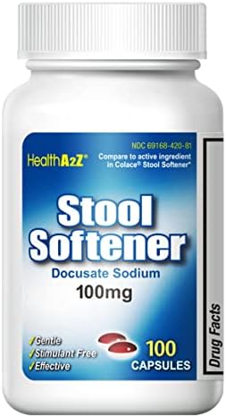 HealthA2Z® Stool Softener | Docusate Sodium 100mg | Red & White Capsules | Dependable | Gentle Constipation Relief (100 Counts)