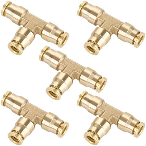 1/4" Quick Push to Connect Fittings Brass Union Tee Shaped Joint DOT Approved 1/4 Inch OD 3 Way Tube Air Line Adapter Air Spring Suspension Kit for Car Truck Trailers and Air Brake System 5pcs